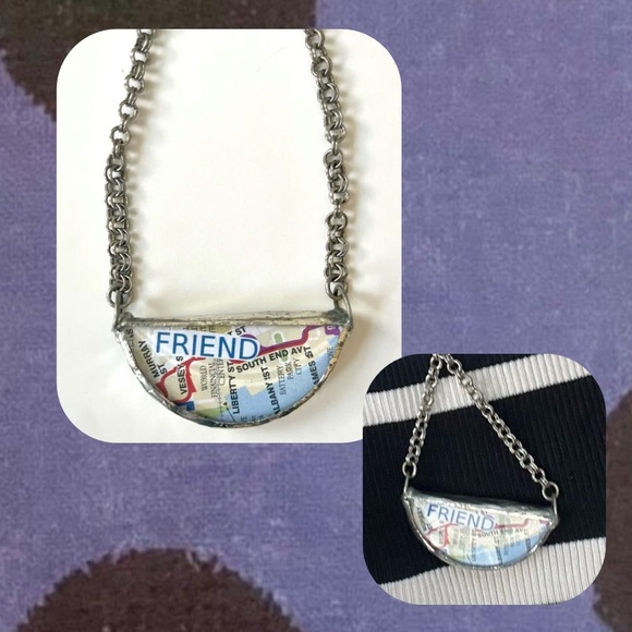 handmade shimmery silver necklace with map & city landscape - Picture 3 of 11